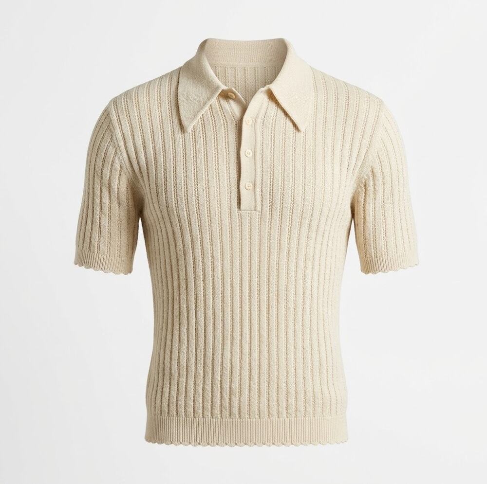 Polo Pointelle Mesh SZ L American Knit Ivory Dagger Collar Grandpacore 70s VTG